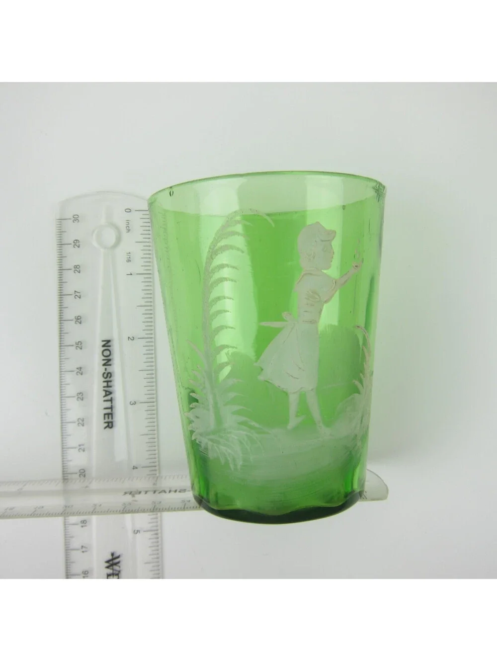 Antique Mary Gregory Green Drinking Glass Victorian Tumbler Girl Flowers 1890s